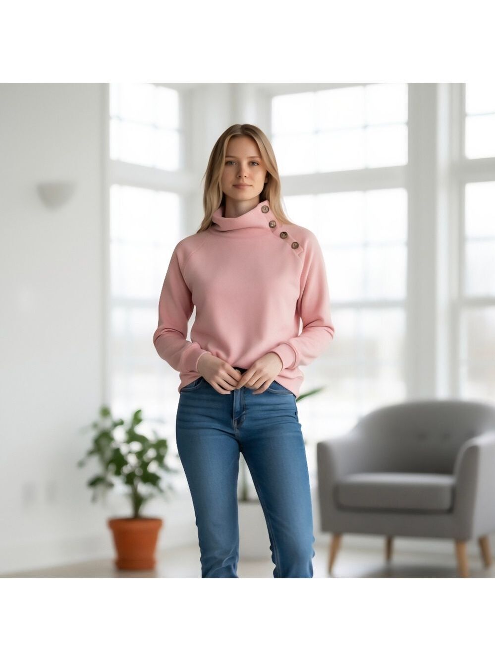 J.Crew Pink Fleece Wide Button Collar Pullover Sweatshirt Med